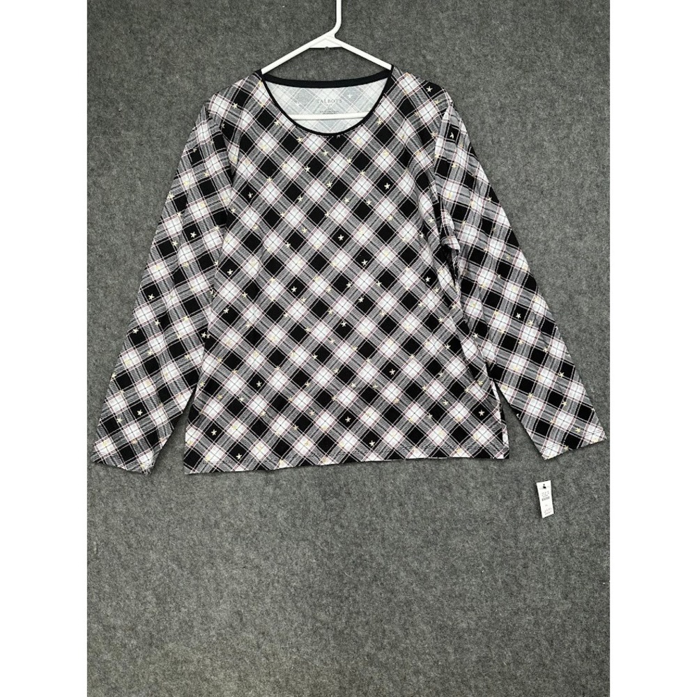 Talbots‎ Womens XL Black Plaid Gold Star Metallic Long Sleeve Cotton Blend Tee